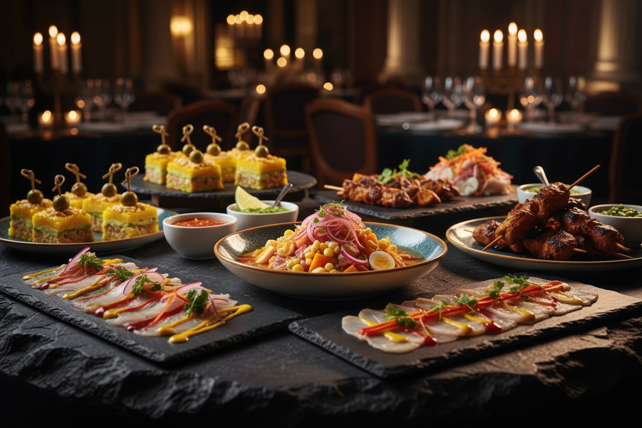 Mesa criolla de gala con cebiche, causa y anticuchos